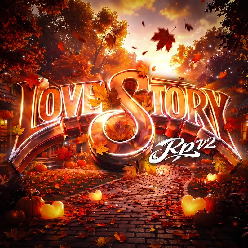 The Love Story Roleplay V2 logo: glowing gold letters over an autumn street lined with pumpkins and falling leaves